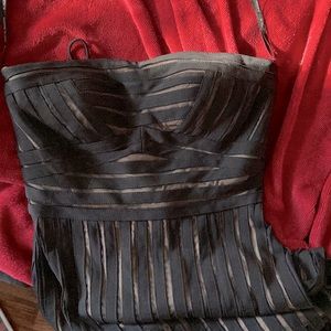 Chetta B Knee Length Striped Strapless Sheer Tan Black Pleated Pinstripe Dress